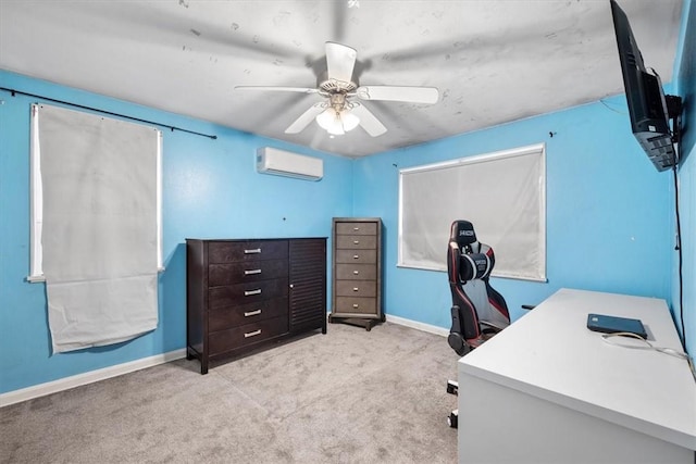 carpeted home office with an AC wall unit and ceiling fan