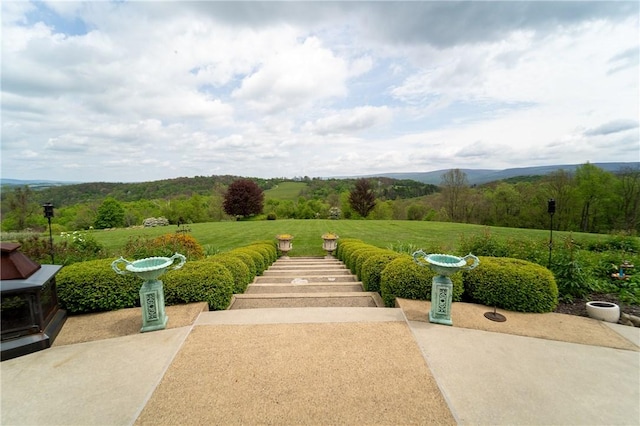 view of home's community with a lawn and a mountain view