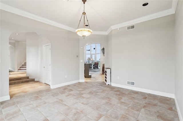 unfurnished room featuring crown molding, arched walkways, light tile patterned flooring, and visible vents