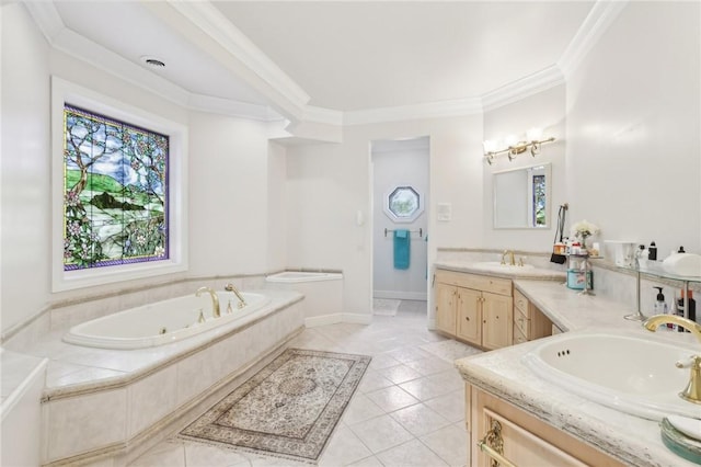 full bath featuring a jetted tub, tile patterned flooring, vanity, baseboards, and ornamental molding