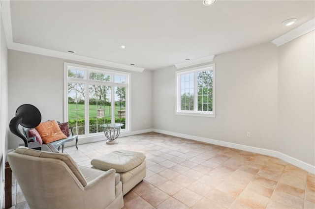 sitting room featuring baseboards, recessed lighting, and light tile patterned flooring