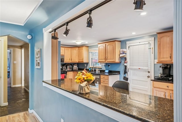 kitchen with light wood-type flooring, kitchen peninsula, dark stone counters, and stainless steel appliances