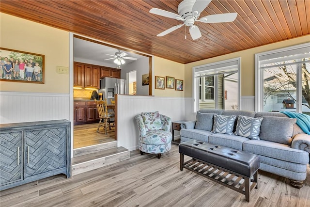 living room featuring ceiling fan, light hardwood / wood-style floors, and wood ceiling