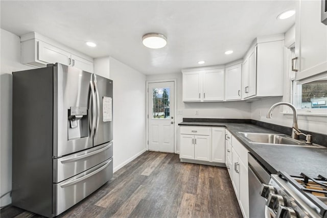 kitchen featuring dark hardwood / wood-style flooring, white cabinetry, sink, and appliances with stainless steel finishes