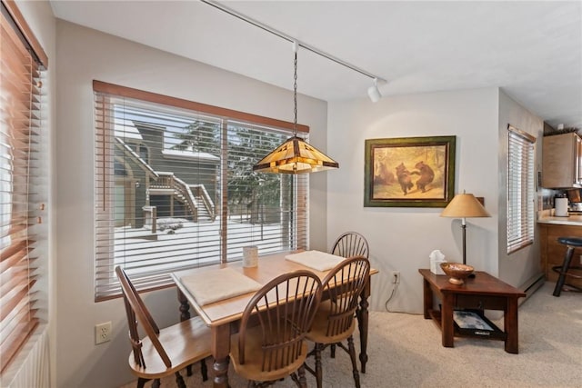 dining area with light carpet, rail lighting, and plenty of natural light