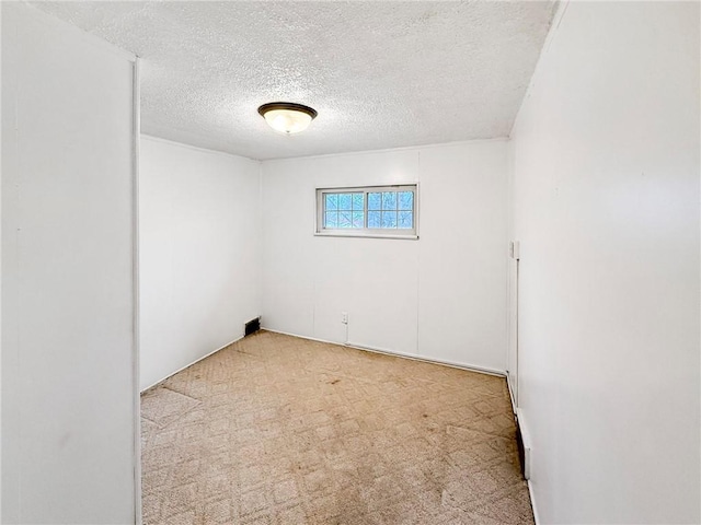 unfurnished room featuring light colored carpet and a textured ceiling