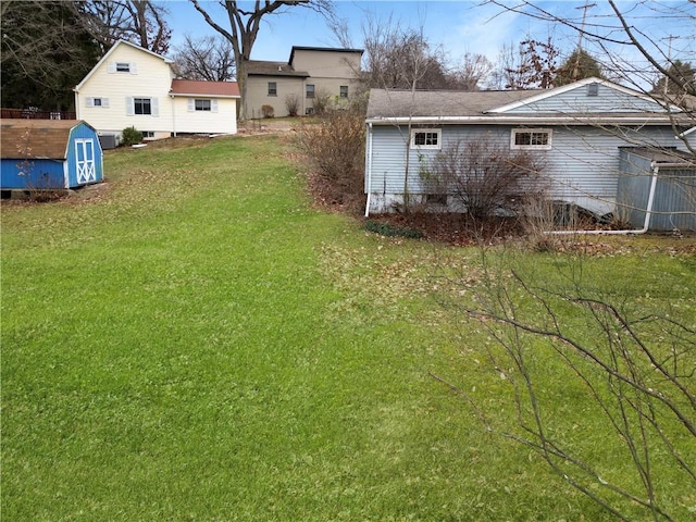 view of yard with a shed