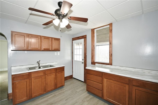 kitchen with ceiling fan, sink, a drop ceiling, and light wood-type flooring