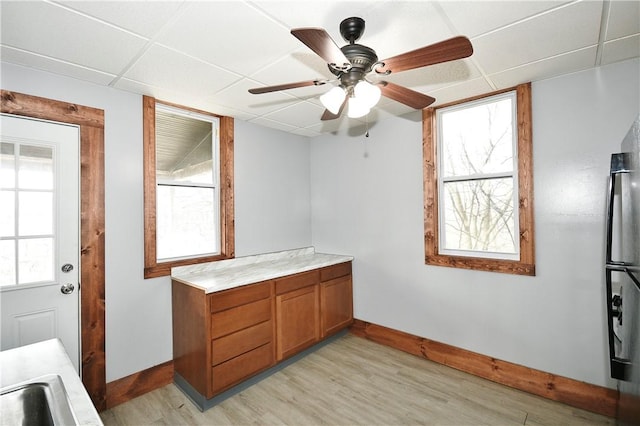 kitchen featuring a paneled ceiling, a healthy amount of sunlight, and light hardwood / wood-style floors