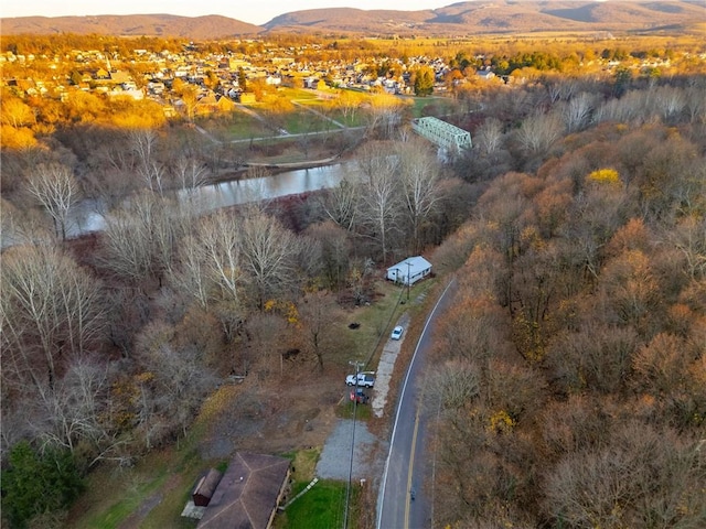 aerial view featuring a water and mountain view