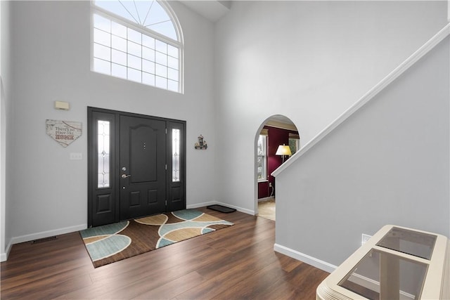 entrance foyer featuring a high ceiling and dark wood-type flooring