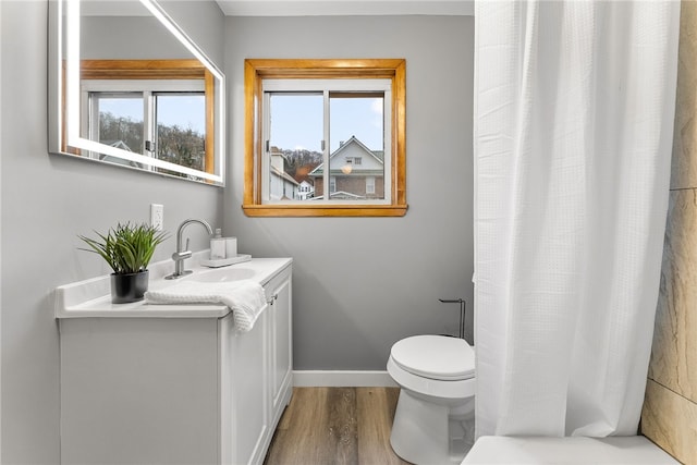 bathroom with hardwood / wood-style floors, vanity, toilet, and a healthy amount of sunlight