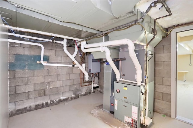 utility room with heating unit and tankless water heater