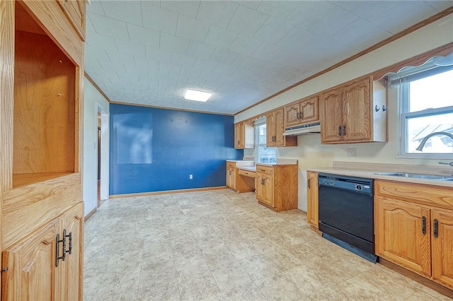 kitchen with crown molding, sink, and black dishwasher