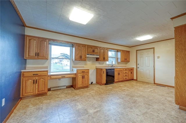 kitchen featuring dishwasher, ornamental molding, and sink