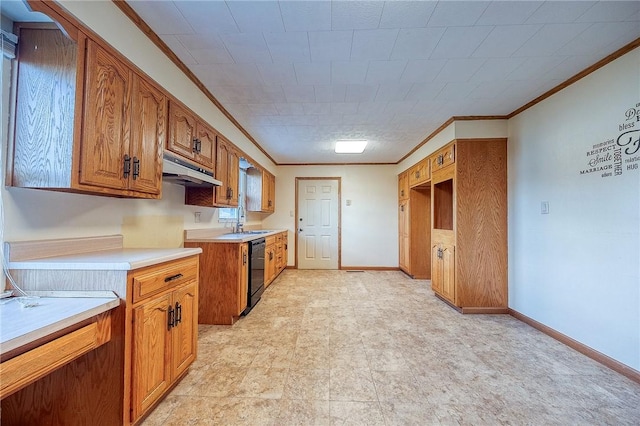 kitchen featuring sink, ornamental molding, and black dishwasher