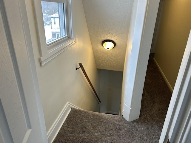 staircase with carpet flooring and a textured ceiling