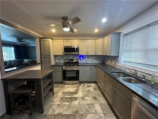 kitchen featuring tasteful backsplash, gray cabinets, sink, and appliances with stainless steel finishes