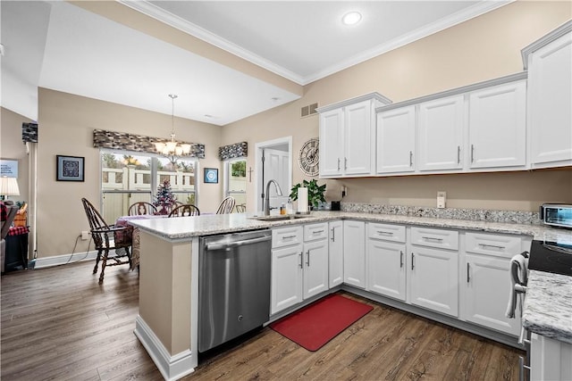 kitchen with sink, decorative light fixtures, dishwasher, dark hardwood / wood-style floors, and white cabinetry