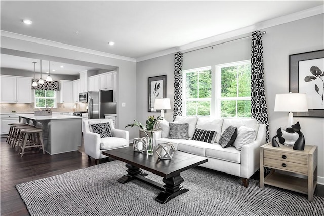 living room featuring ornamental molding, dark wood-type flooring, and a healthy amount of sunlight