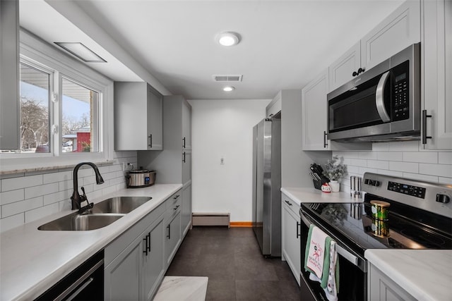 kitchen with sink, stainless steel appliances, baseboard heating, backsplash, and white cabinets