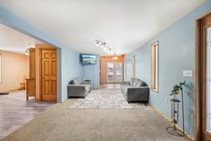 living room with carpet and track lighting