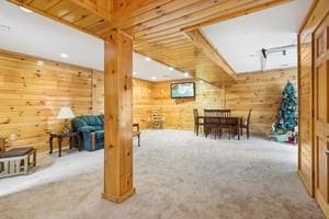 interior space with carpet and wooden walls