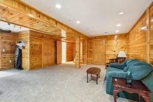 living room featuring wooden walls and light colored carpet