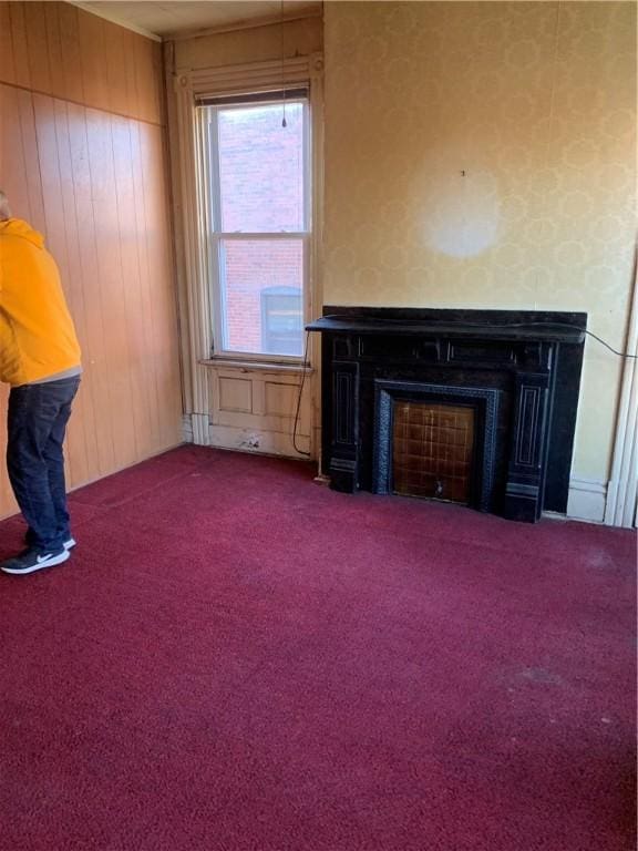 interior space with wood walls and carpet floors