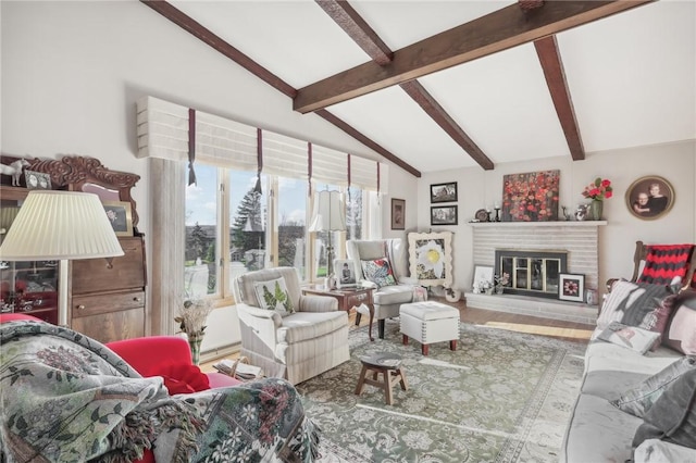 living room featuring lofted ceiling with beams