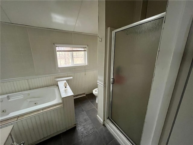 full bathroom with vanity, plus walk in shower, and toilet