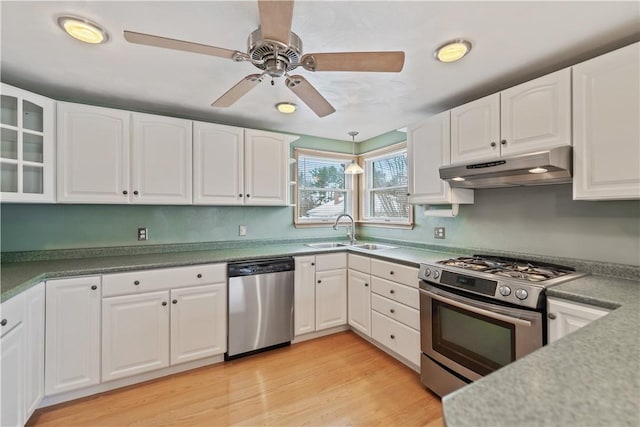 kitchen with sink, light hardwood / wood-style flooring, ceiling fan, stainless steel appliances, and white cabinets