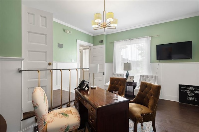 office area featuring dark hardwood / wood-style flooring, crown molding, and an inviting chandelier