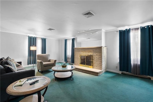 carpeted living room featuring ornamental molding