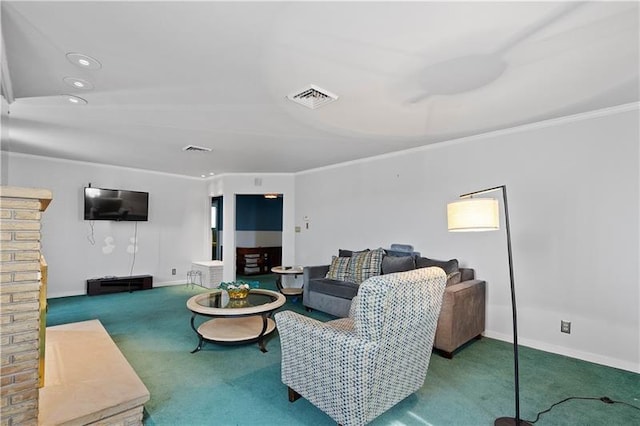 carpeted living room featuring crown molding