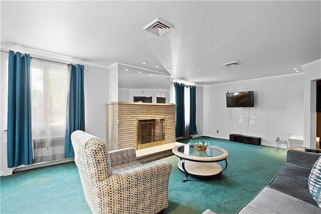 carpeted living room with a brick fireplace and ornamental molding