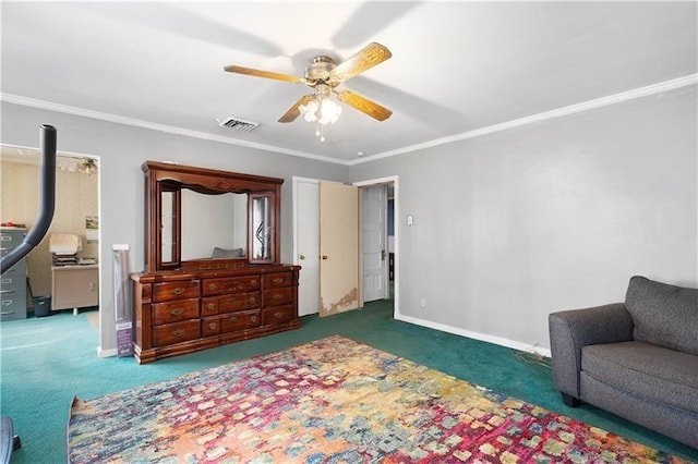 carpeted bedroom with ceiling fan and ornamental molding