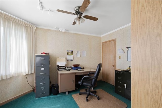 office area with dark colored carpet, a wealth of natural light, crown molding, and ceiling fan