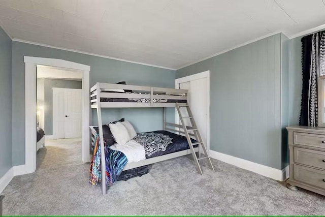 bedroom with light colored carpet and ornamental molding