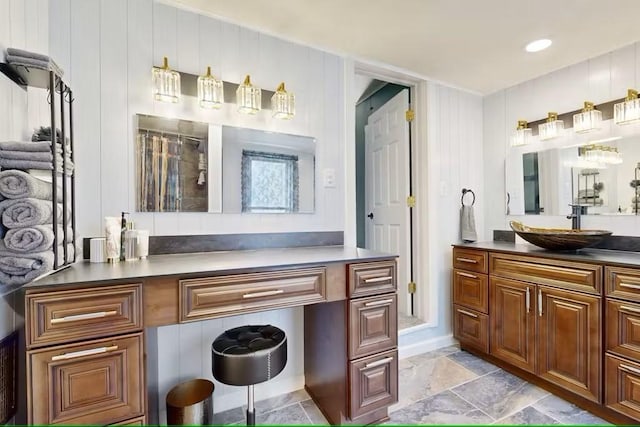 bathroom with vanity and a shower with shower curtain