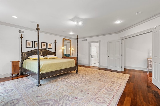 bedroom featuring dark hardwood / wood-style flooring and crown molding