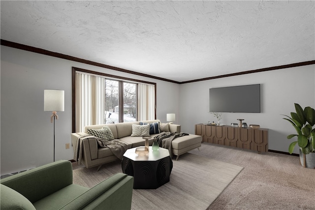 living room featuring carpet floors, a textured ceiling, and ornamental molding