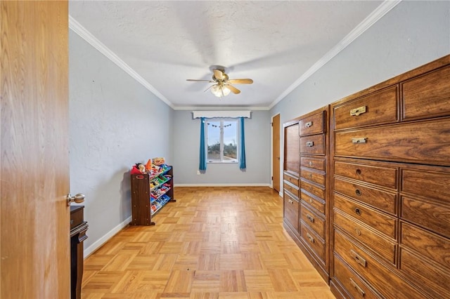 interior space with light parquet flooring and ornamental molding