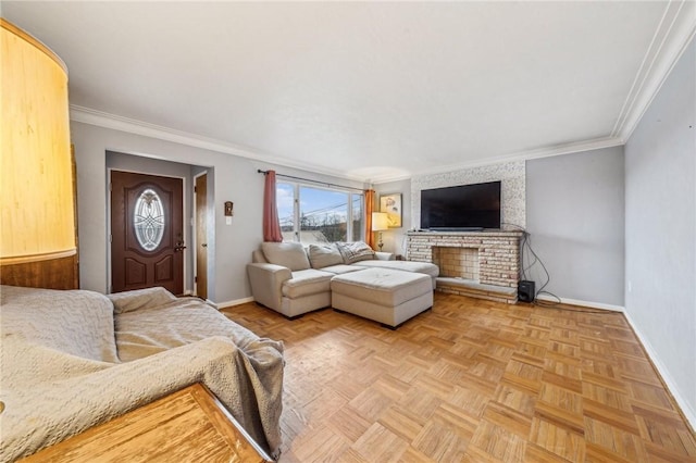 living room featuring light parquet flooring, a brick fireplace, and crown molding