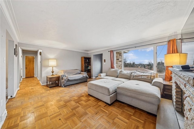 living room with a stone fireplace, light parquet flooring, a textured ceiling, and ornamental molding