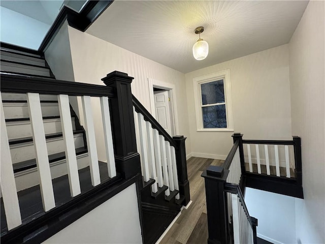 stairway featuring wood-type flooring