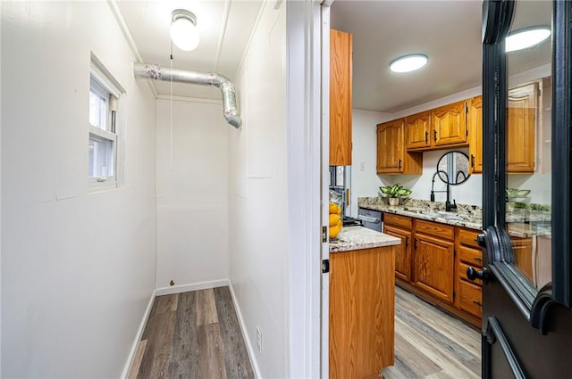 kitchen featuring light stone countertops, light hardwood / wood-style flooring, dishwasher, and sink