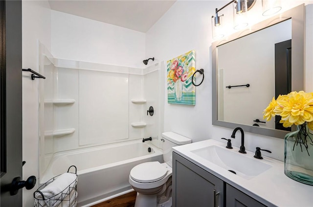 full bathroom with shower / tub combination, hardwood / wood-style floors, vanity, and toilet