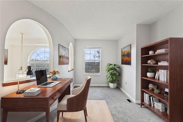 carpeted home office with plenty of natural light