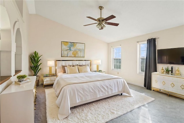 bedroom with ceiling fan and lofted ceiling